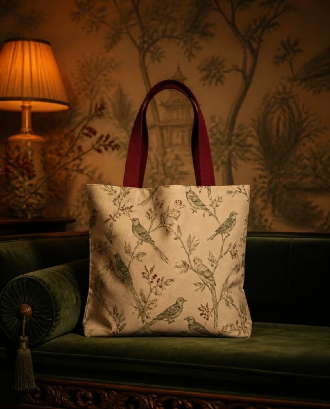 Canvas tote with oxblood handles, printed with green birds on flowering branches, on green velvet