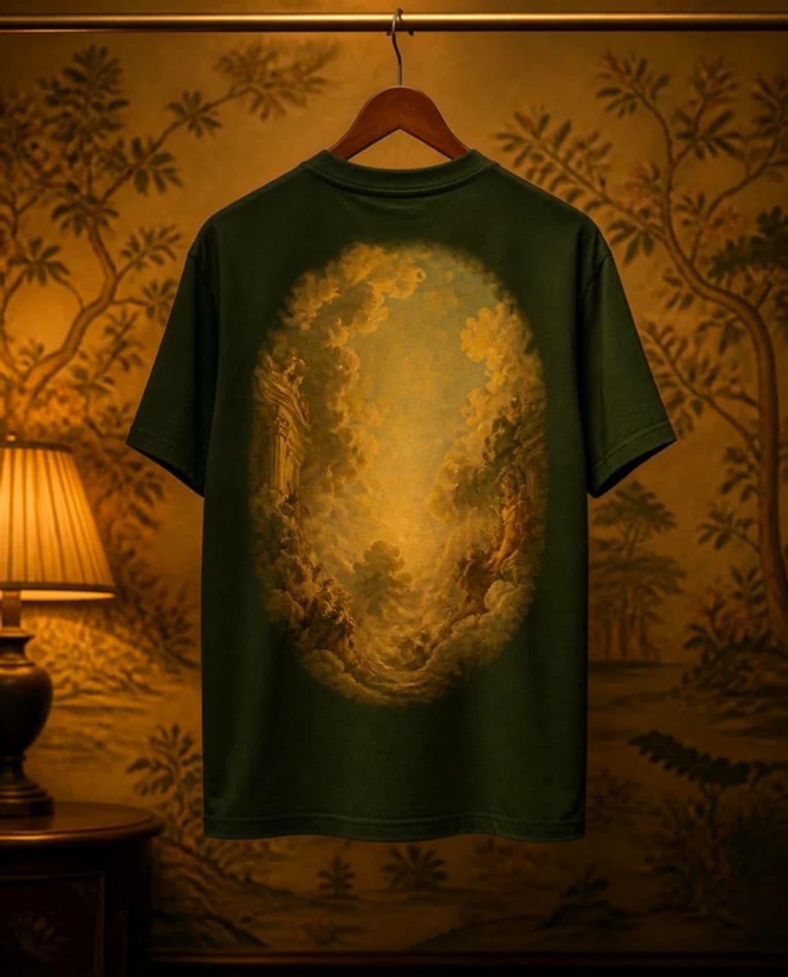 Bottle green tee on a hanger, seen from the back, printed with a painted ceiling of golden clouds