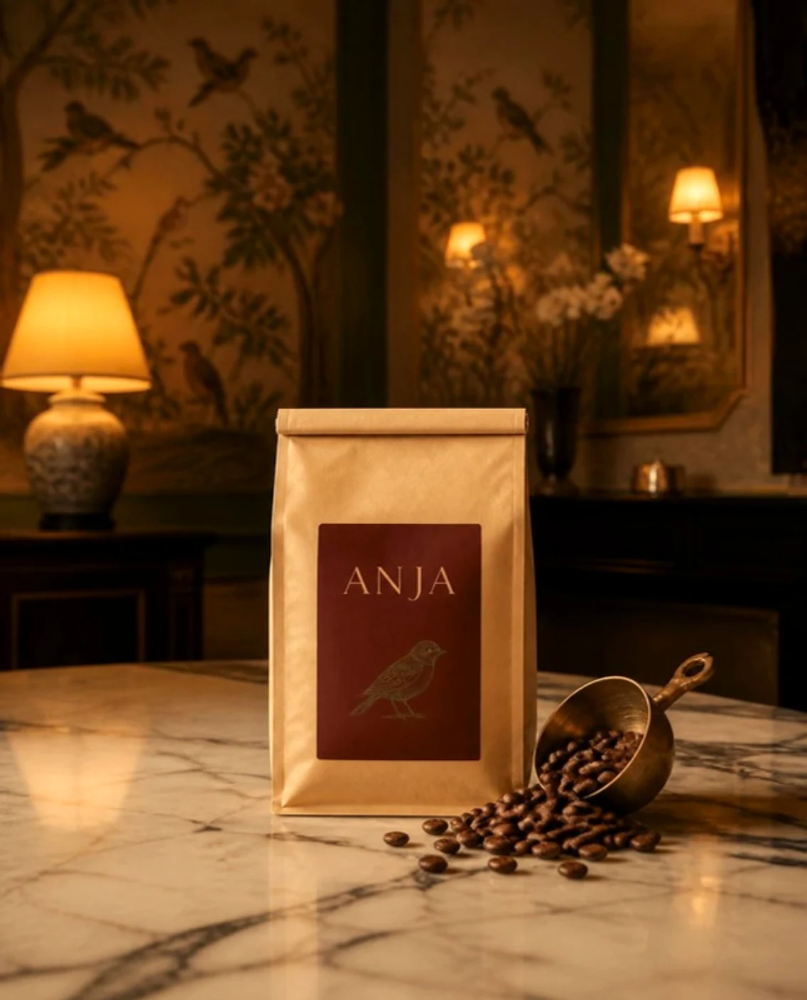 Parchment coffee bag with an oxblood ANJA label, beans and a brass scoop on marble
