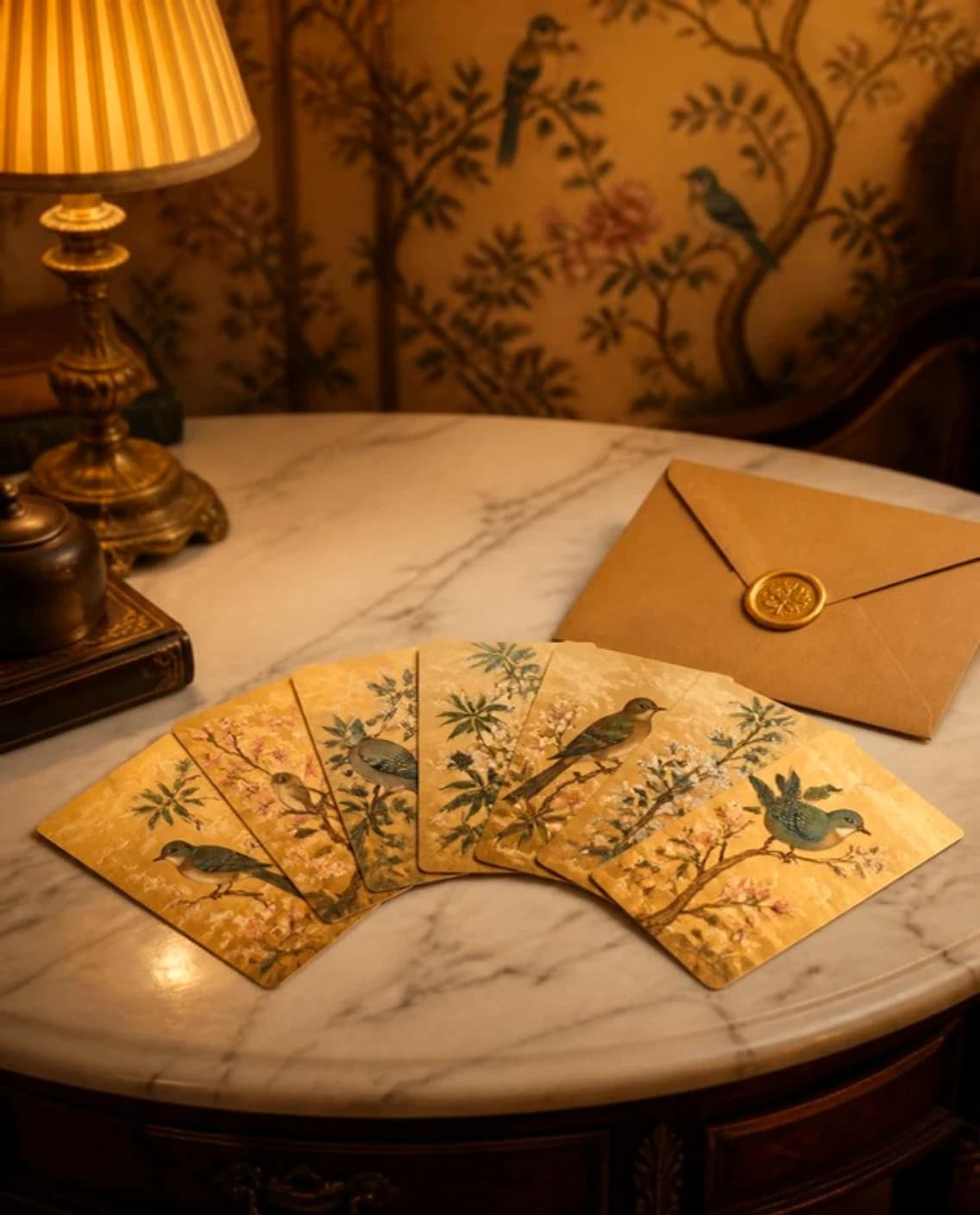 A fan of painted postcards with birds and gold grounds, beside a kraft envelope with a gold seal