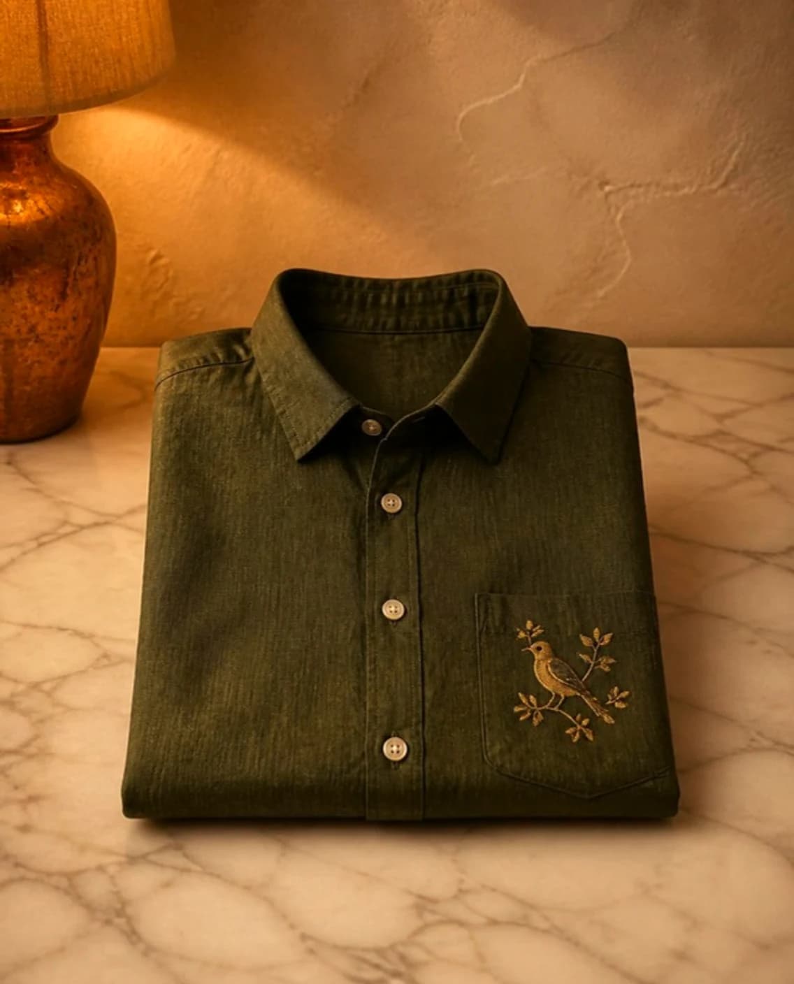 Bottle green linen shirt, folded on marble, with a gold embroidered bird on the pocket