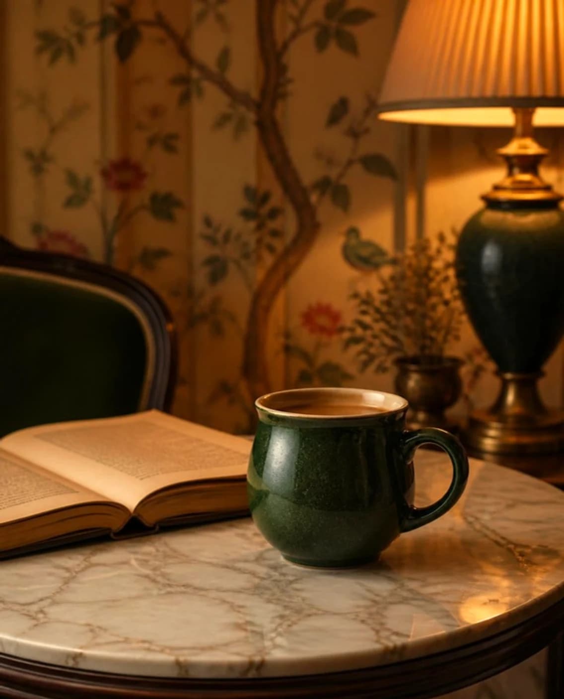 Green glazed stoneware mug beside an open book on a marble table