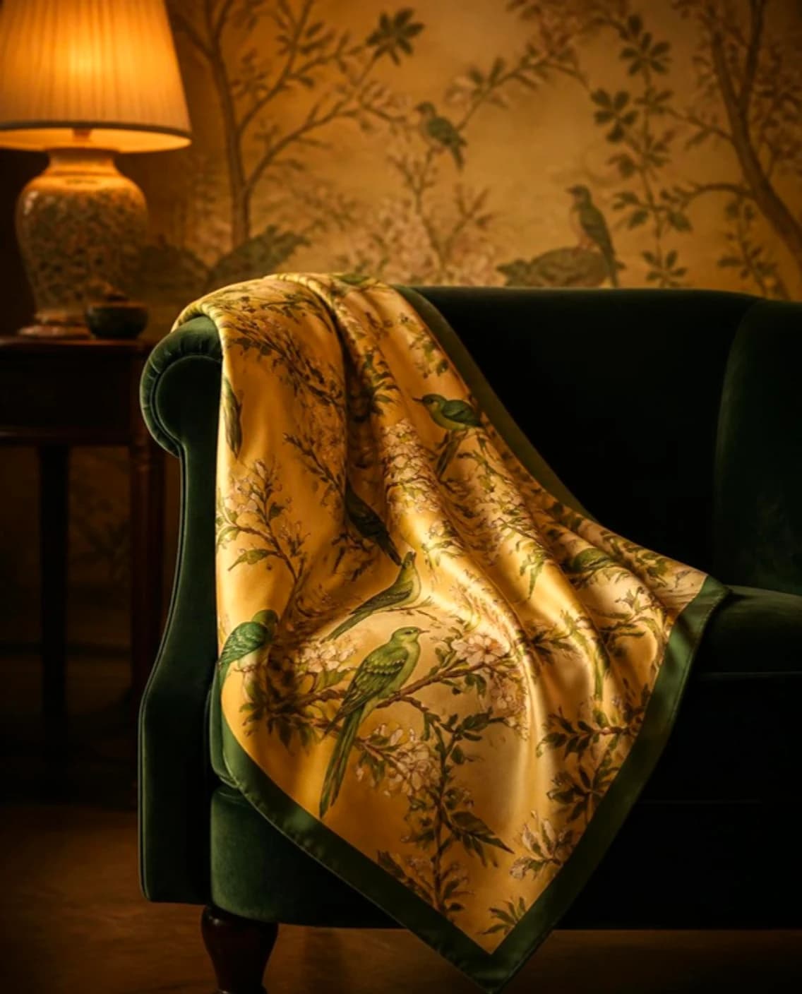 Silk scarf printed with green birds and flowering branches on a gold ground, draped over a green velvet armchair