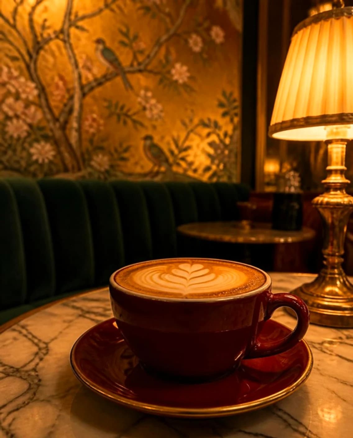 A milky coffee in an oxblood porcelain cup with a gold rim, under a brass lamp