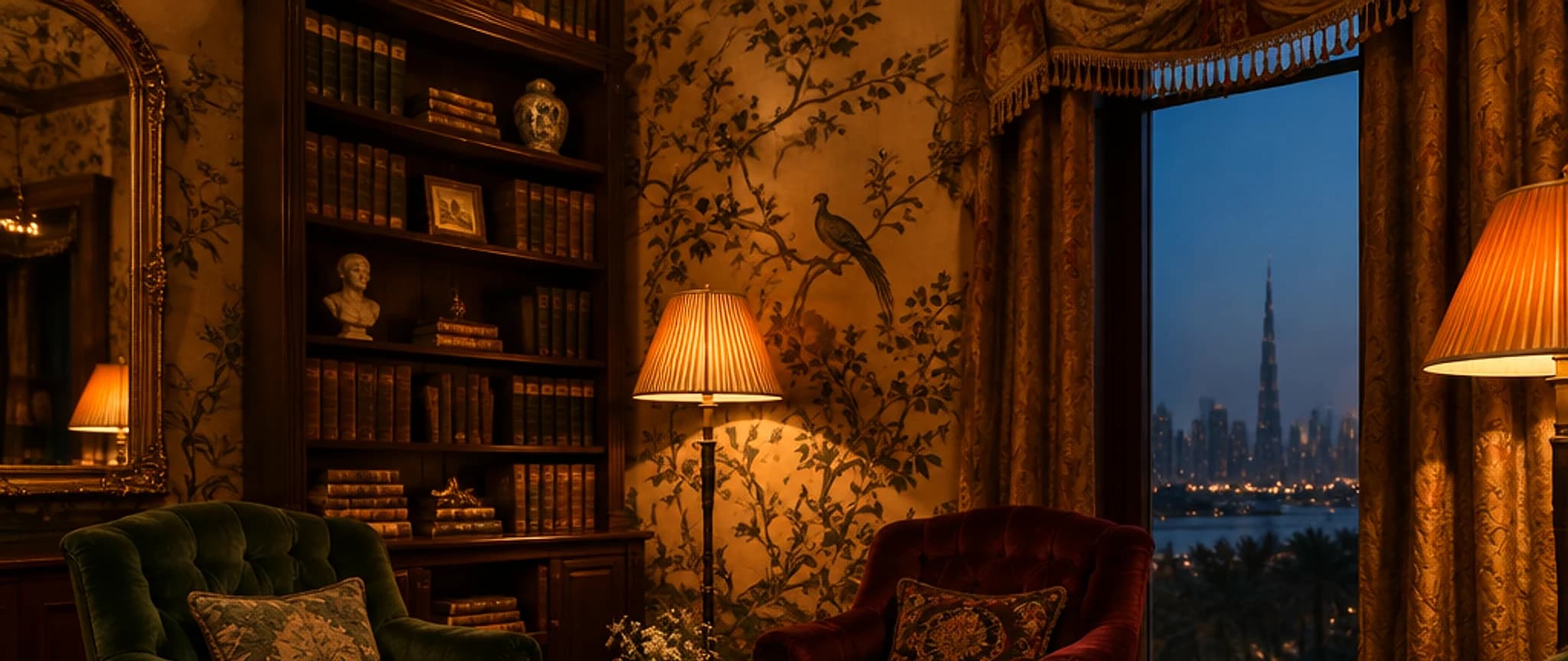 The library corner at night: bookshelves, a bird on the wallpaper, a standing lamp and a window onto the Dubai skyline