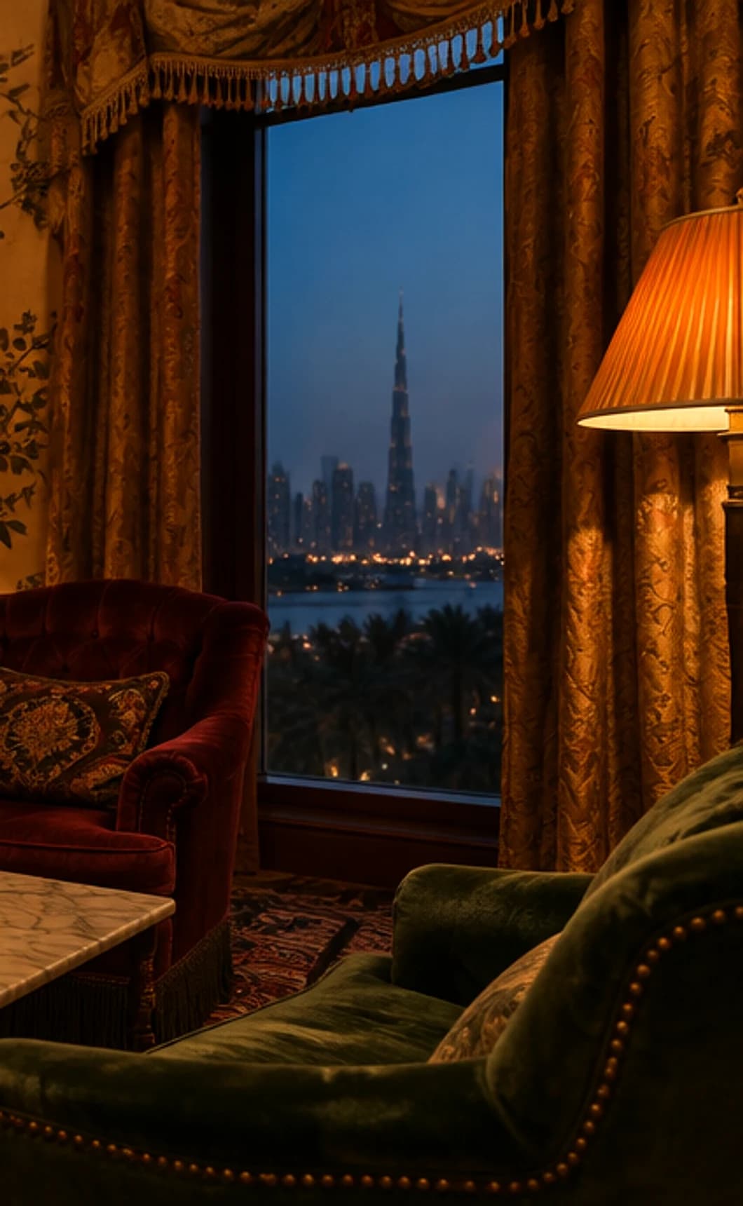 Velvet armchairs by a tall window with the Dubai skyline lit up at dusk