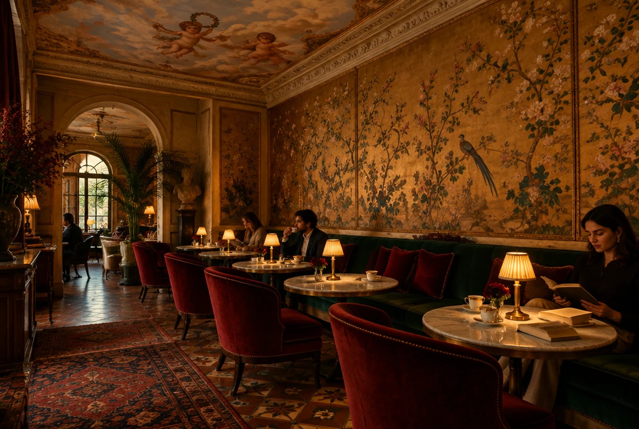 The Salon: a long room with painted ceiling, chinoiserie wallpaper, green velvet banquettes, oxblood armchairs and lamps glowing on marble tables