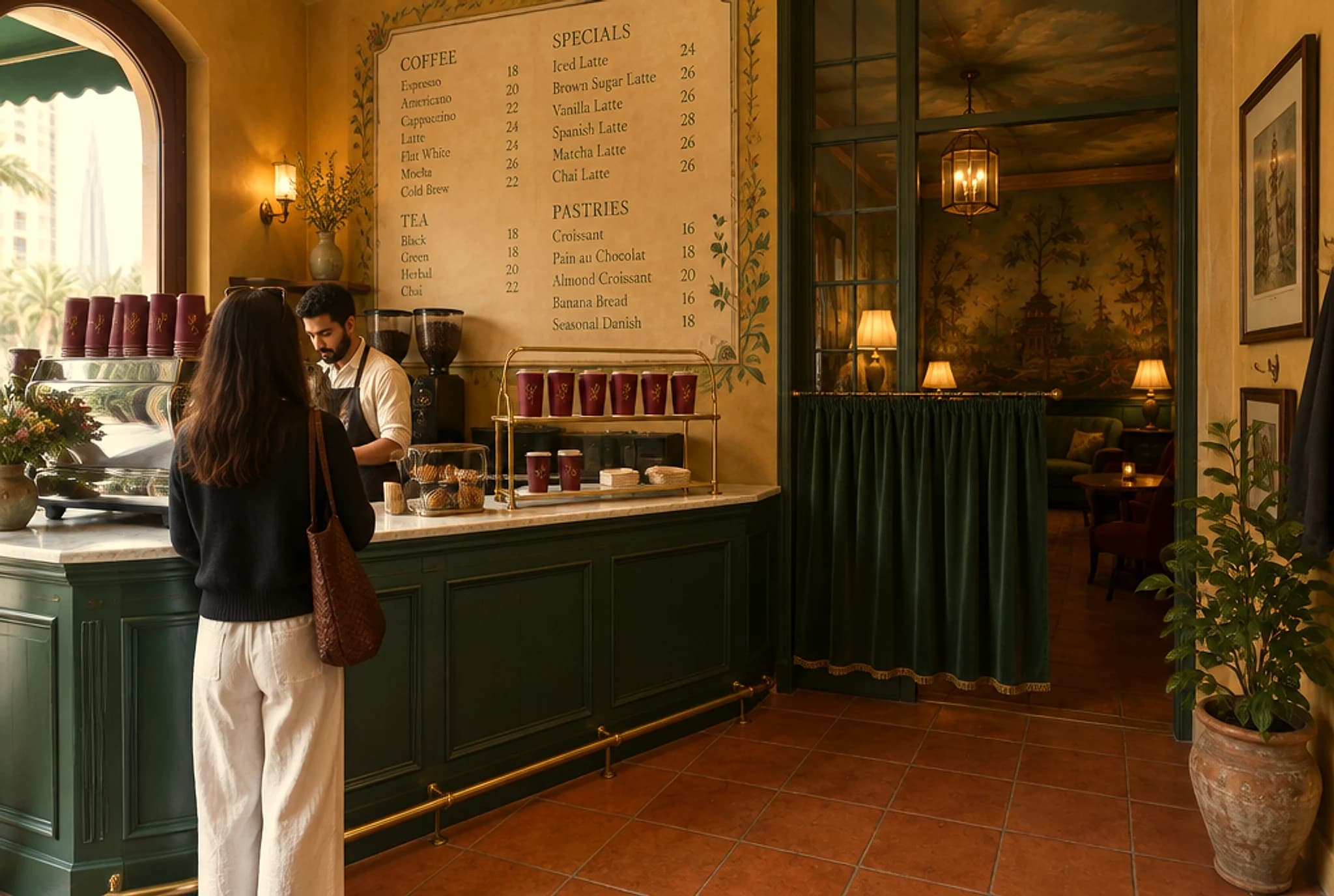 The Window counter: green panelled bar, marble top, stacks of oxblood cups and a barista taking an order